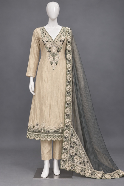 Women's Crushed Silk Kurta Set with Neckline embroidery in S & M