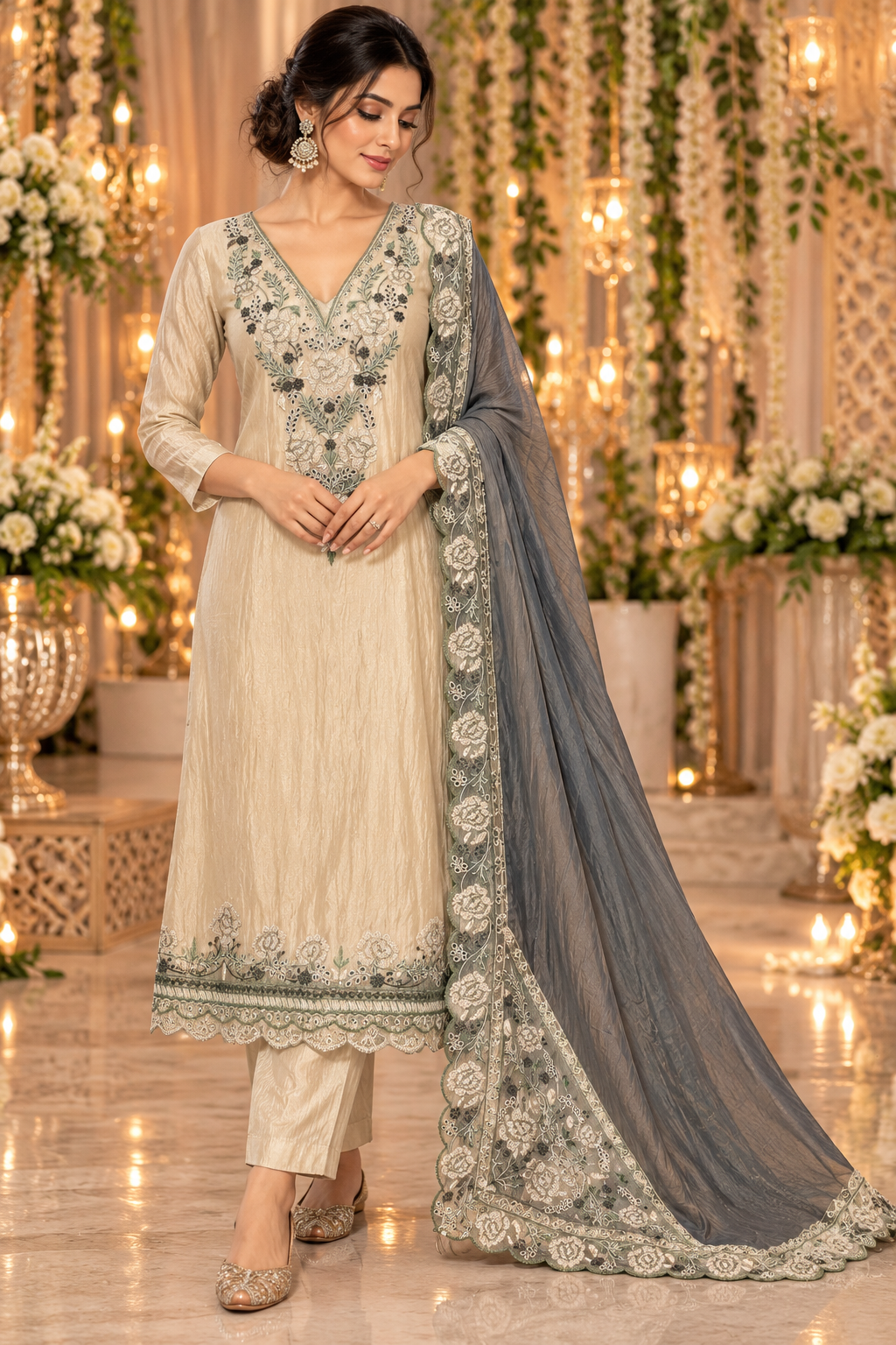 Women's Crushed Silk Kurta Set with Neckline embroidery in S & M