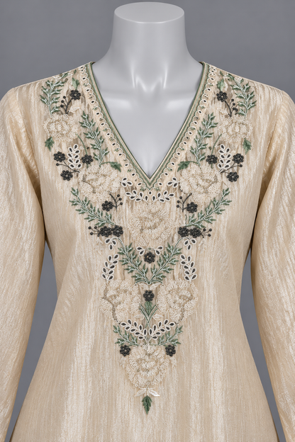 Women's Crushed Silk Kurta Set with Neckline embroidery in S & M