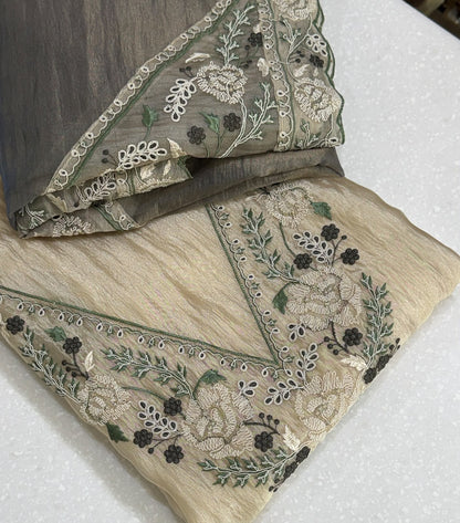 Women's Crushed Silk Kurta Set with Neckline embroidery in S & M