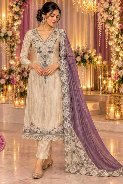 Women's Crushed Silk Kurta Set with Neckline embroidery in S & M