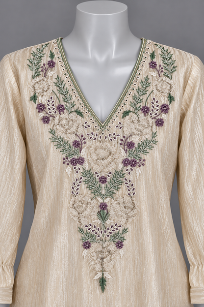 Women's Crushed Silk Kurta Set with Neckline embroidery in S & M