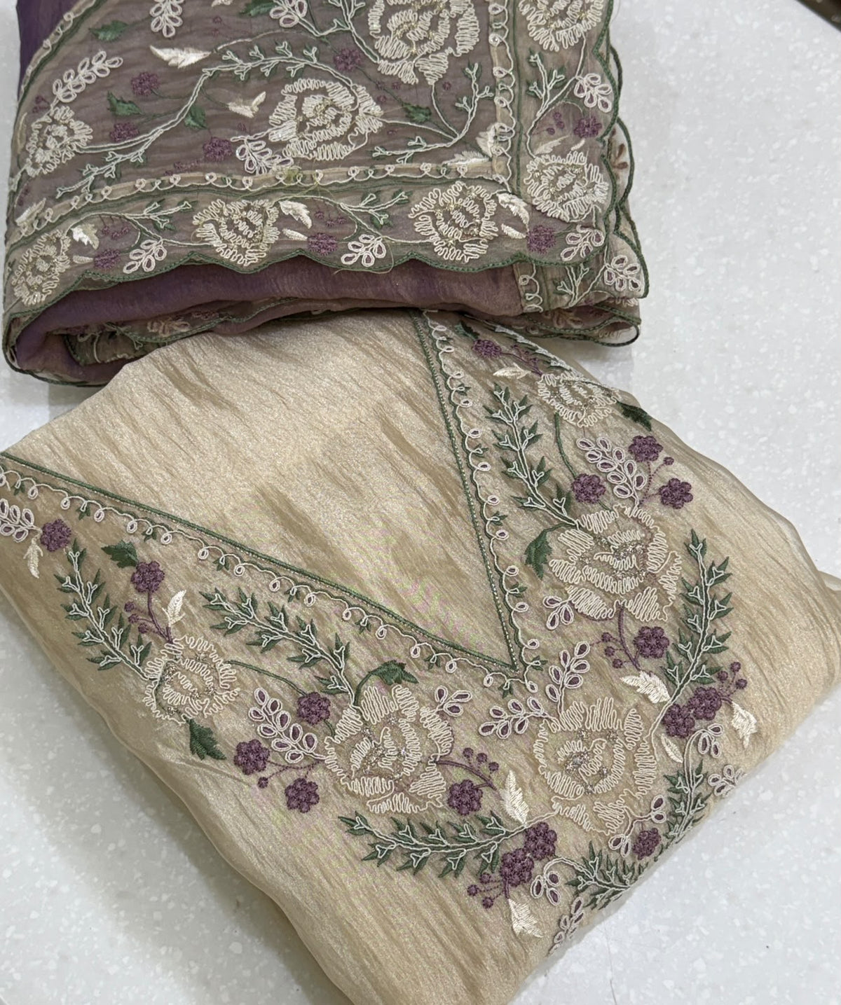 Women's Crushed Silk Kurta Set with Neckline embroidery in S & M