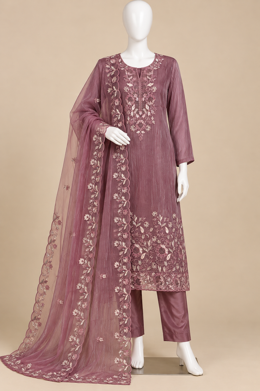 Women's Crushed Shimmer Silk Kurta Set with Cutwork in L & XL