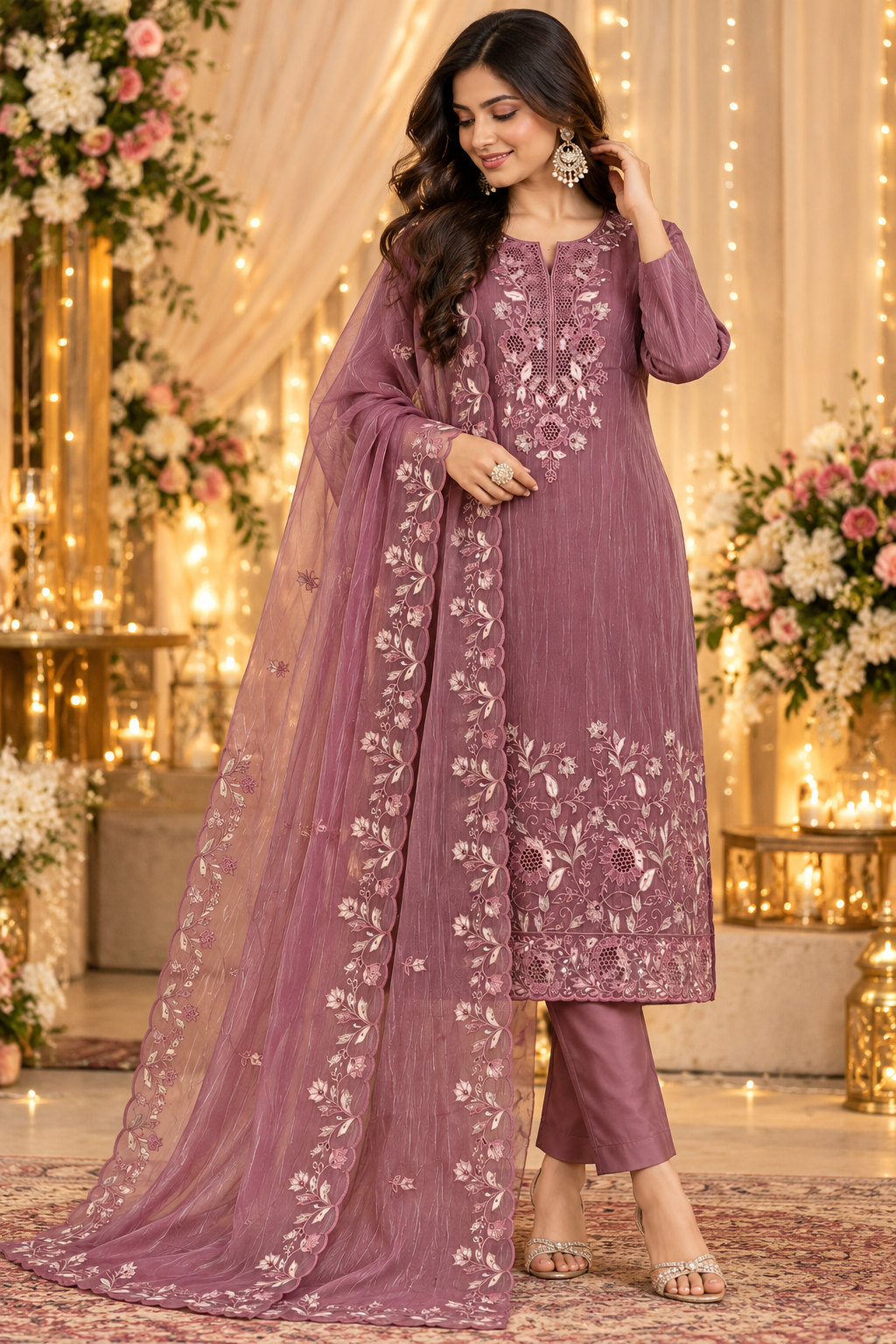 Women's Crushed Shimmer Silk Kurta Set with Cutwork in L & XL
