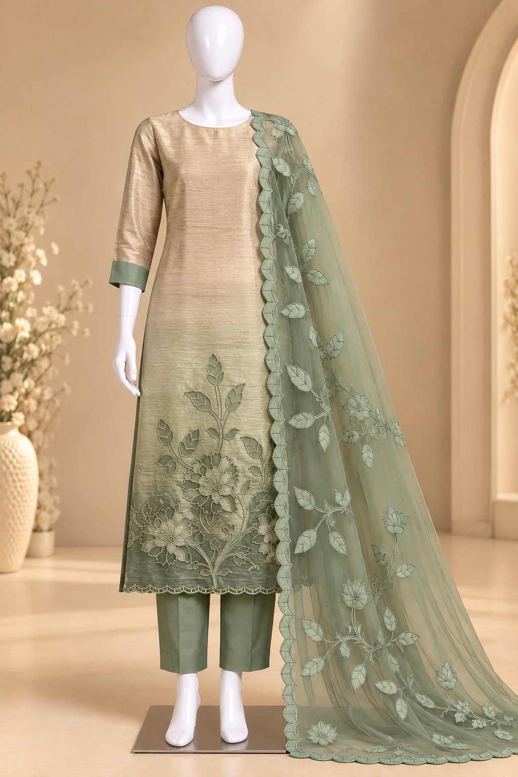 Women's Crushed Shimmer Silk Laser cut work Kurta Set in M, L, 2XL