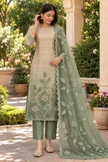 Women's Crushed Shimmer Silk Laser cut work Kurta Set in M, L, 2XL