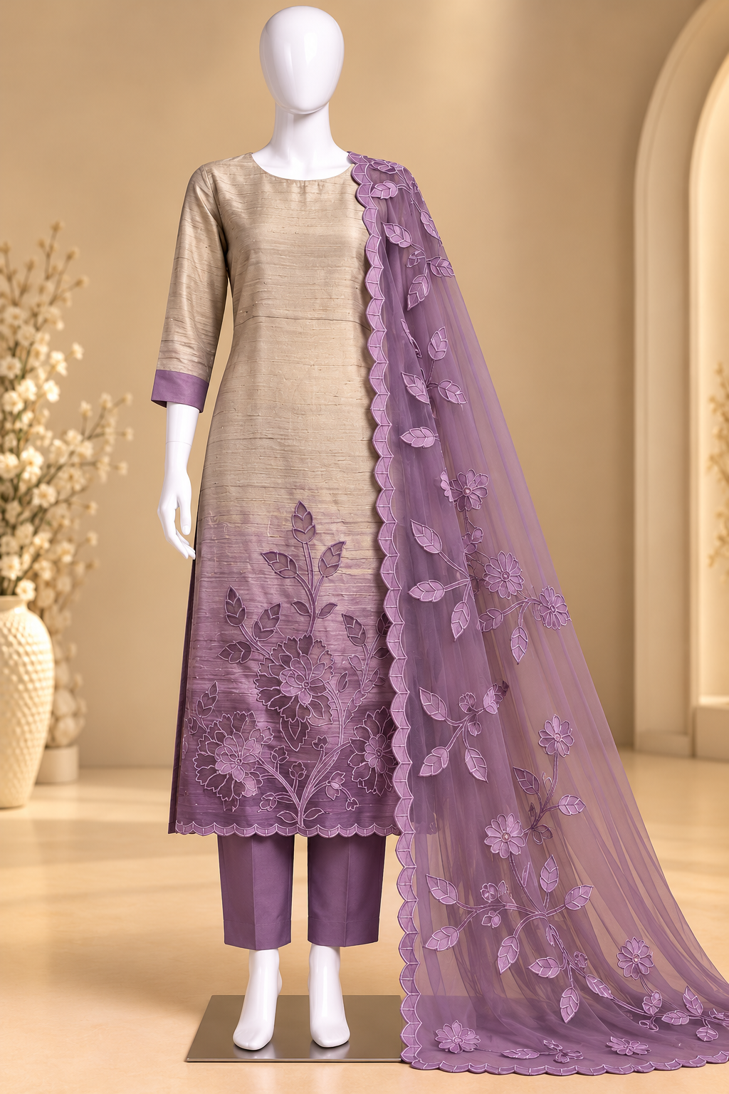 Women's Crushed Shimmer Silk Laser cut work Kurta Set in M, L, 2XL