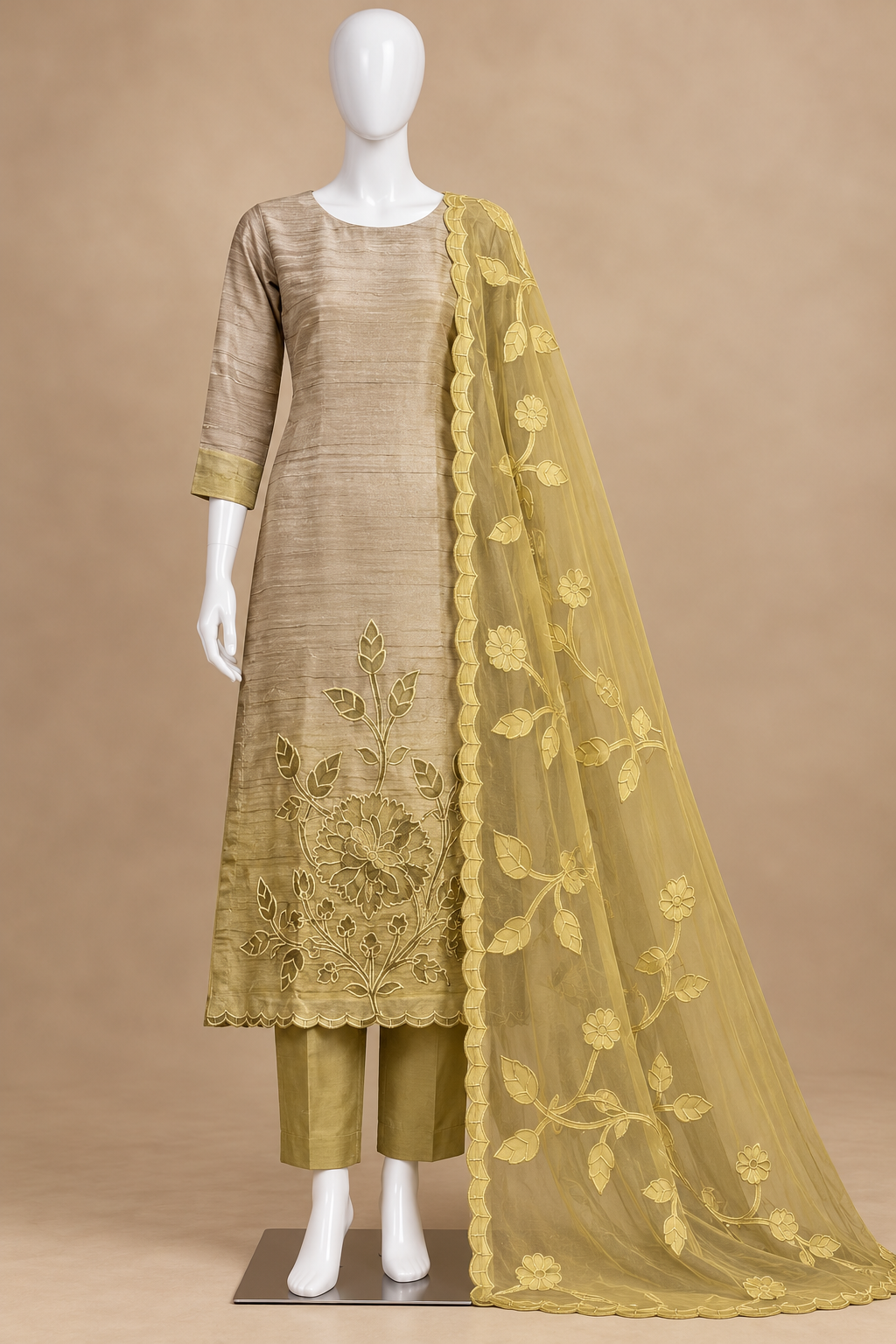 Women's Crushed Shimmer Silk Laser cut work Kurta Set in M, L, 2XL