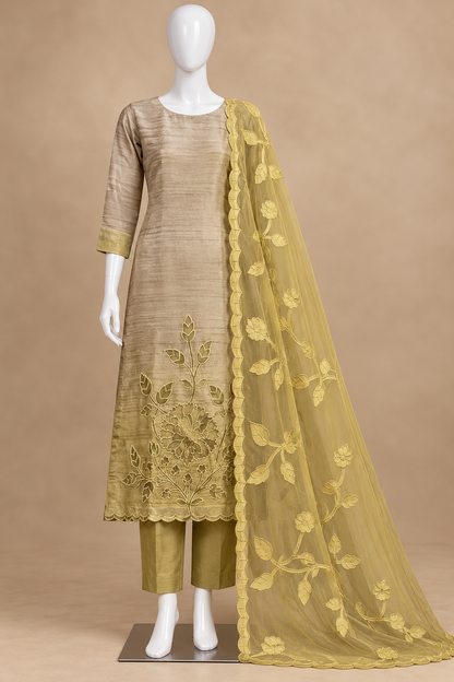 Women's Crushed Shimmer Silk Laser cut work Kurta Set in M, L, 2XL