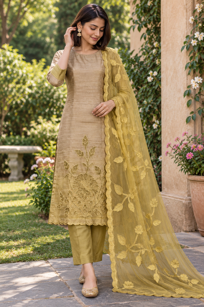 Women's Crushed Shimmer Silk Laser cut work Kurta Set in M, L, 2XL