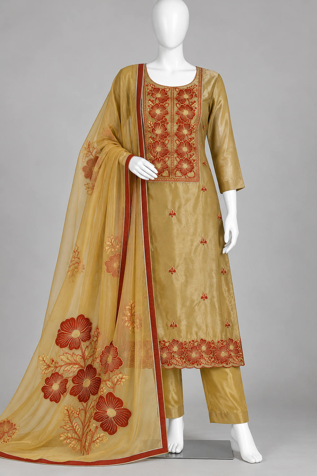 Women's Tissue Silk Floral Embroidered Kurta Set in L & XL