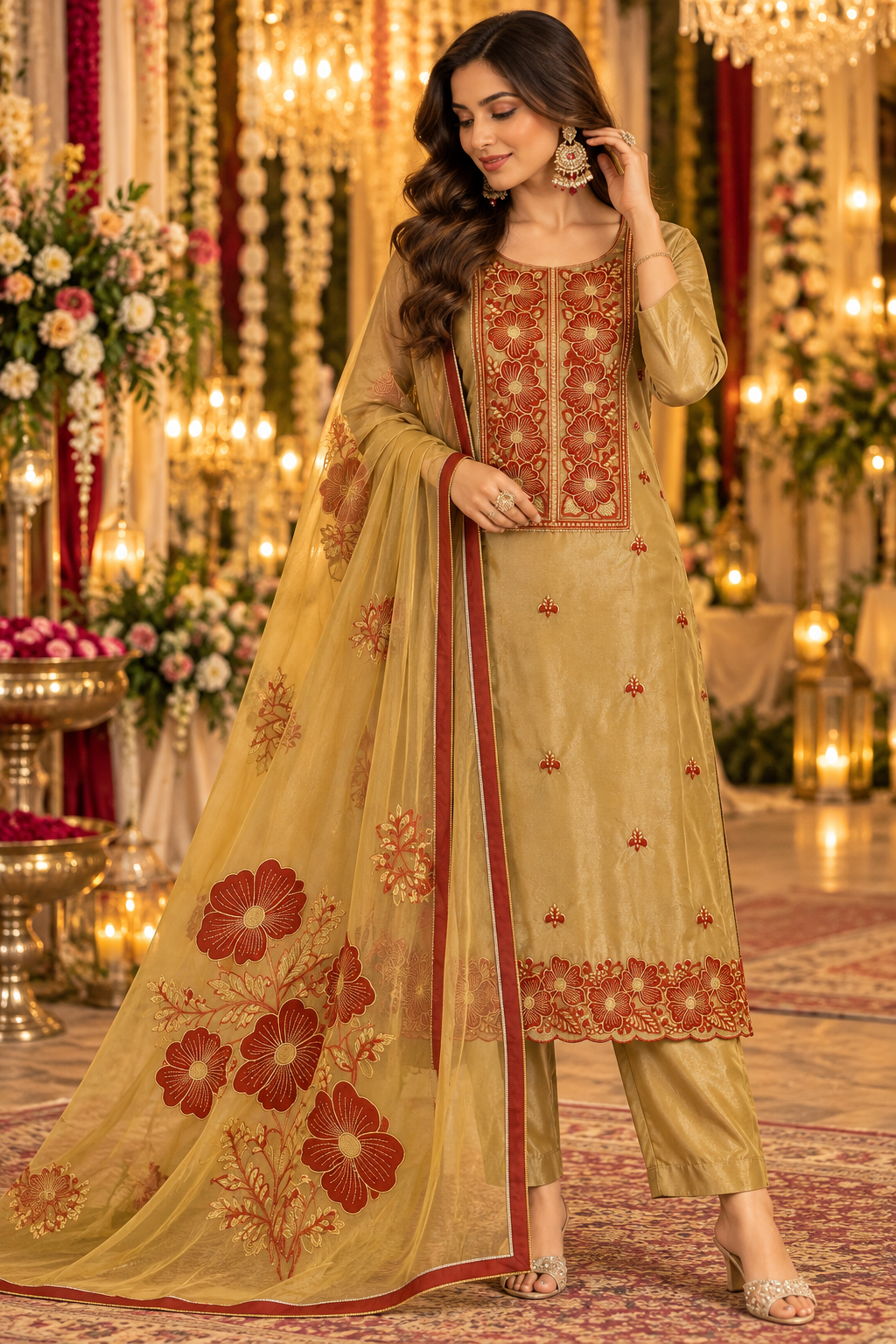 Women's Tissue Silk Floral Embroidered Kurta Set in L & XL