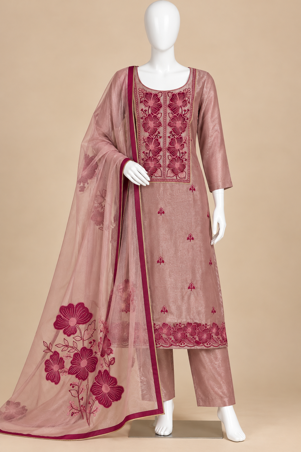 Women's Tissue Silk Floral Embroidered Kurta Set in L & XL