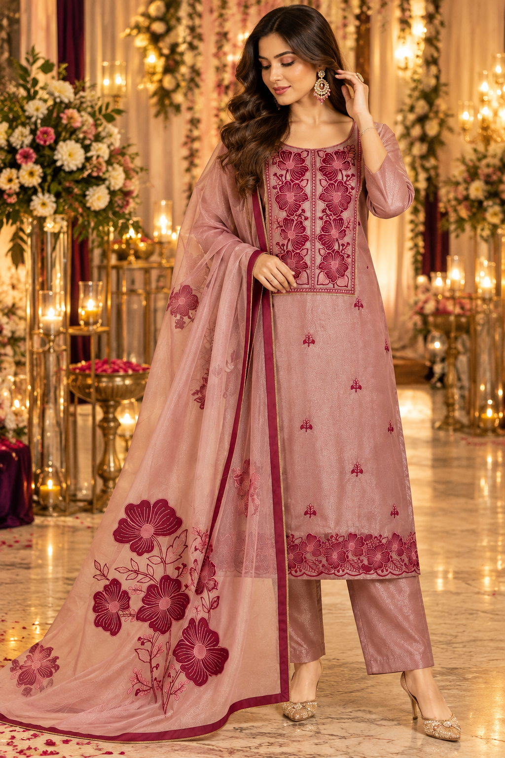 Women's Tissue Silk Floral Embroidered Kurta Set in L & XL
