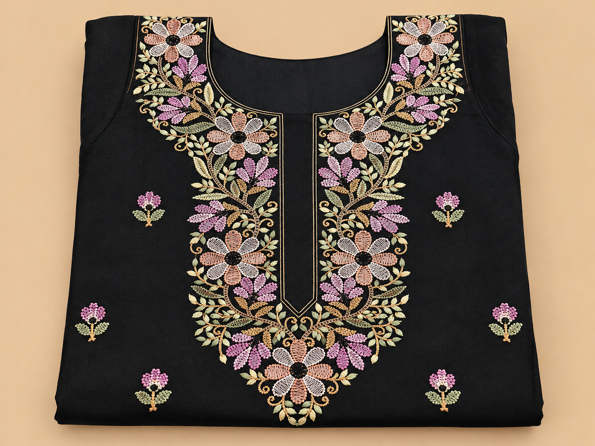 Women's Black Chanderi Silk Embroidered Kurta with Organza Dupatta in XL