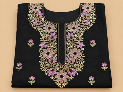 Women's Black Chanderi Silk Embroidered Kurta with Organza Dupatta in XL