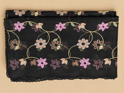 Women's Black Chanderi Silk Embroidered Kurta with Organza Dupatta in XL