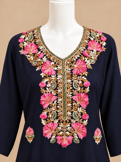 Women's Navy Kashmiri Embroidered Rayon Palazzo Set in L