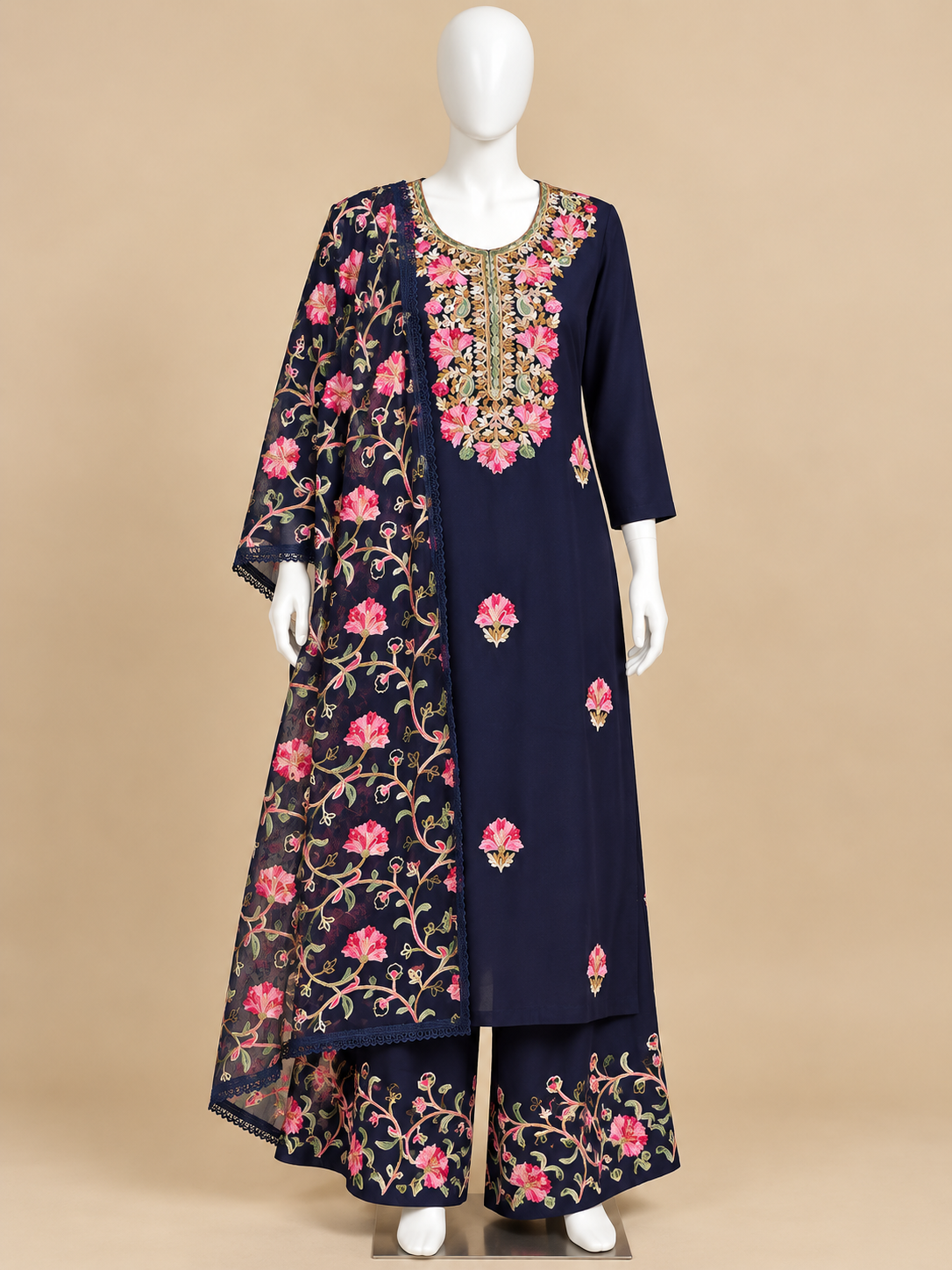 Women's Navy Kashmiri Embroidered Rayon Palazzo Set in L