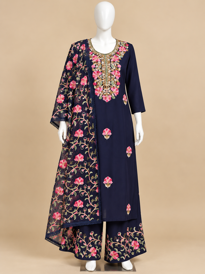Women's Navy Kashmiri Embroidered Rayon Palazzo Set in L