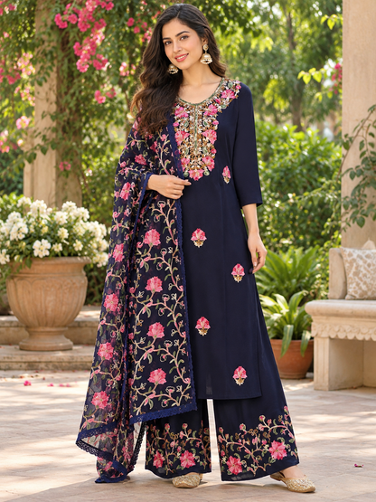 Women's Navy Kashmiri Embroidered Rayon Palazzo Set in L