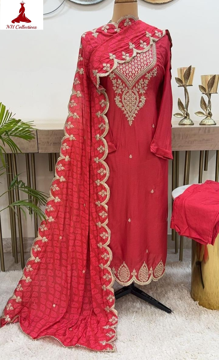 Women’s red silk kurta set with crepe dupatta in M
