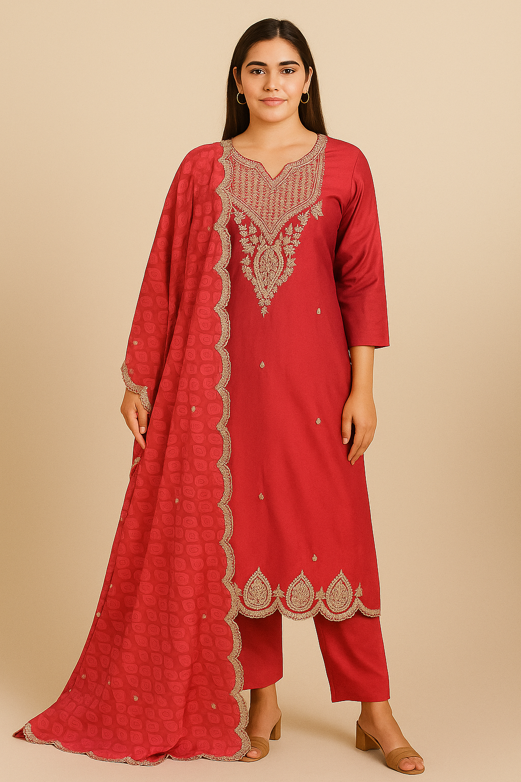 Women’s red silk kurta set with crepe dupatta in M