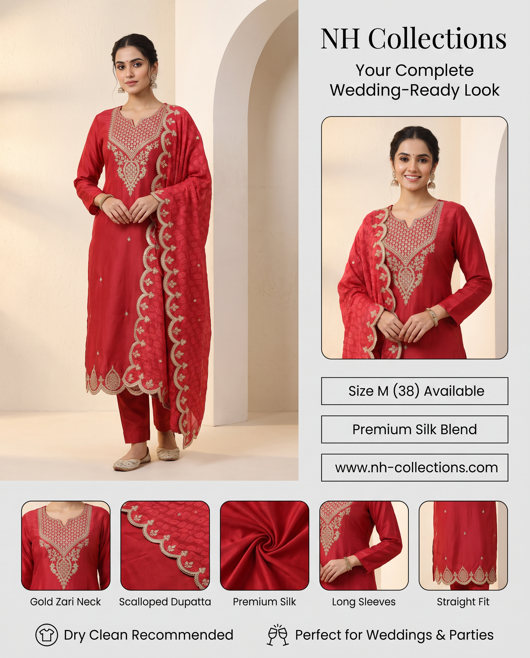 Women’s red silk kurta set with crepe dupatta in M - sleeve and design detail