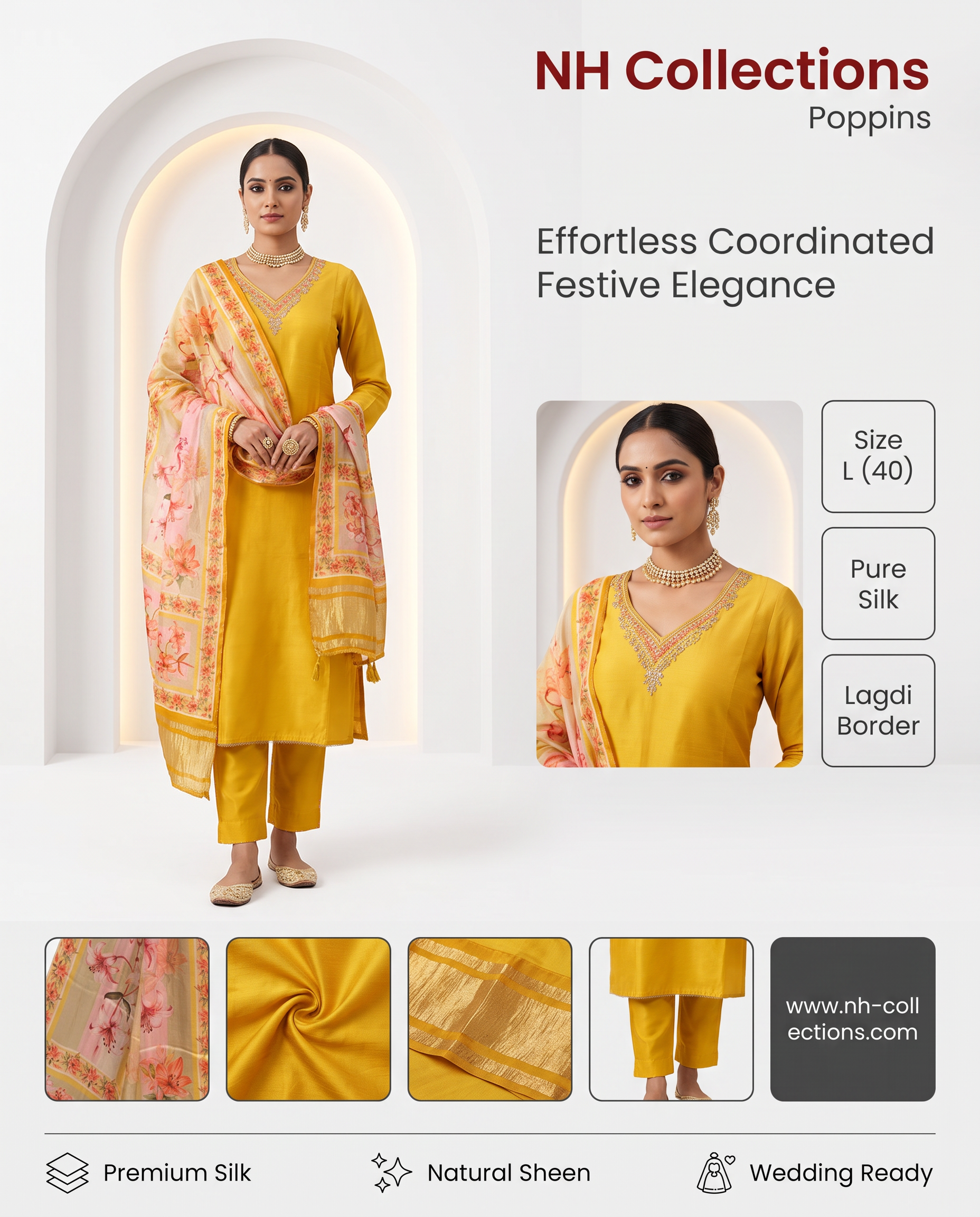 Women’s yellow silk kurta set with gaji silk dupatta & lagdi border in L - product image 7