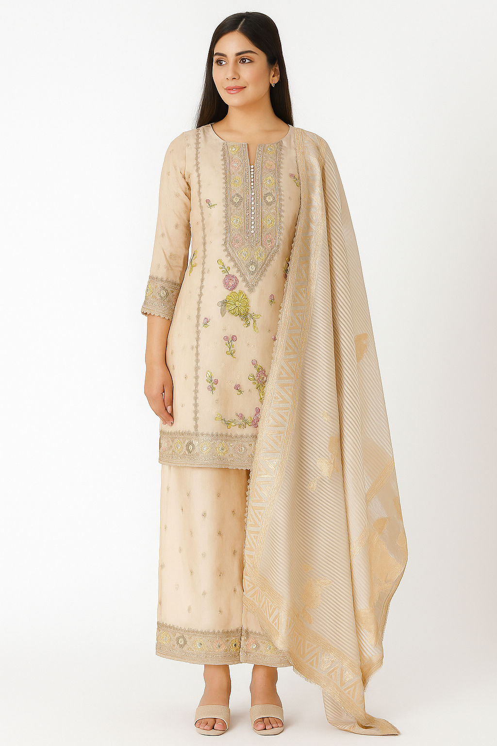 Women's golden shimmer silk kurta set with banarasi dupatta in L