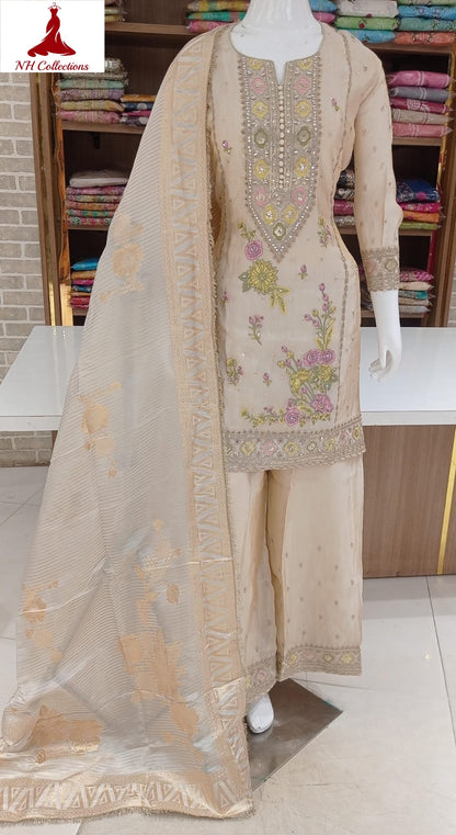 Women's golden shimmer silk kurta set with banarasi dupatta in L