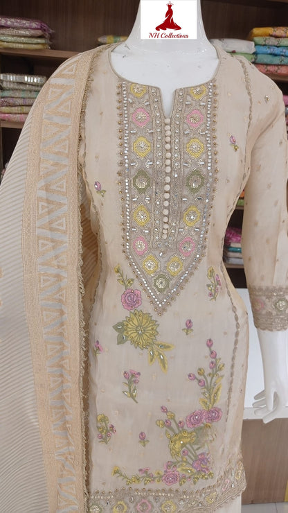Women's golden shimmer silk kurta set with banarasi dupatta in L
