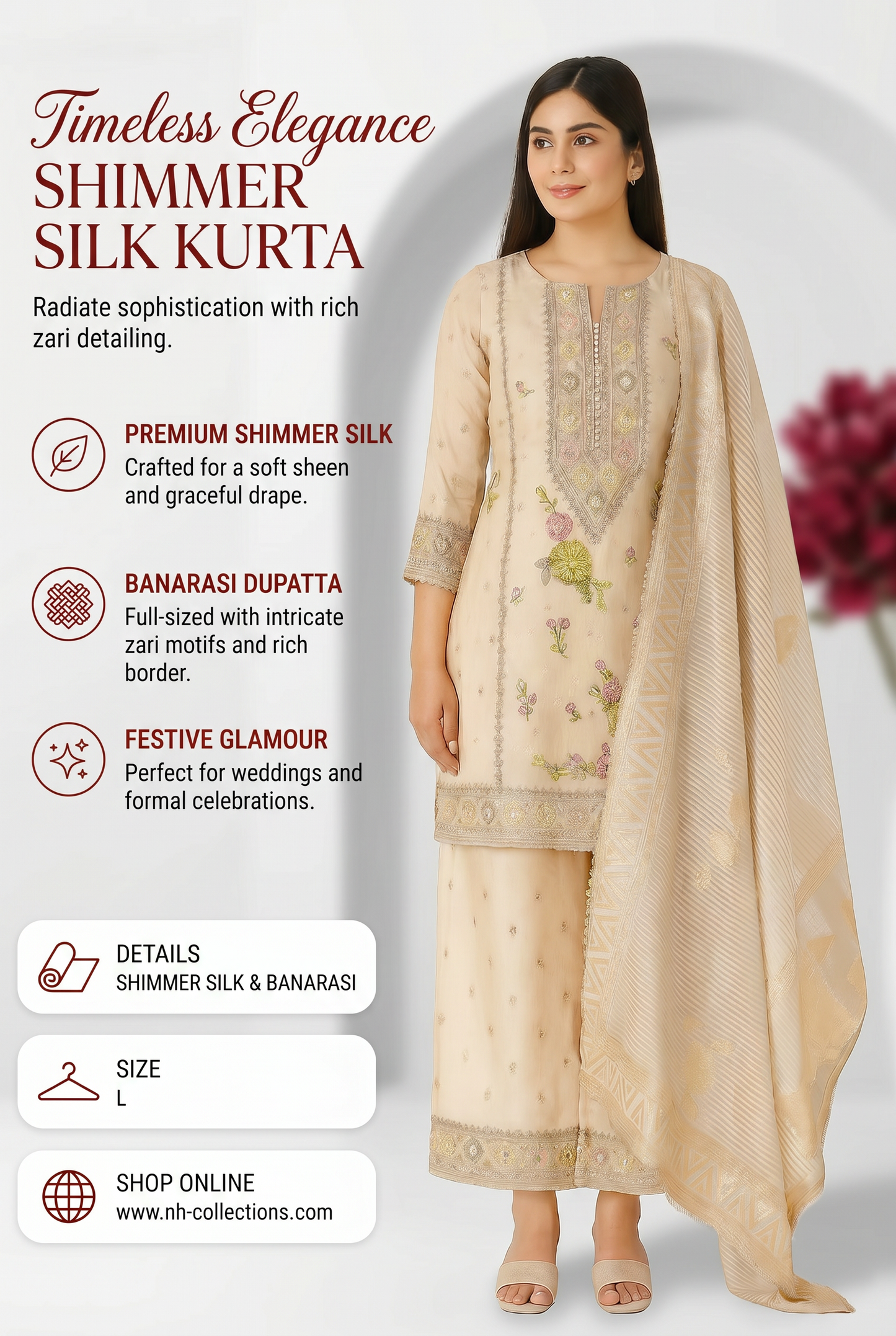 Women's golden shimmer silk kurta set with banarasi dupatta in L