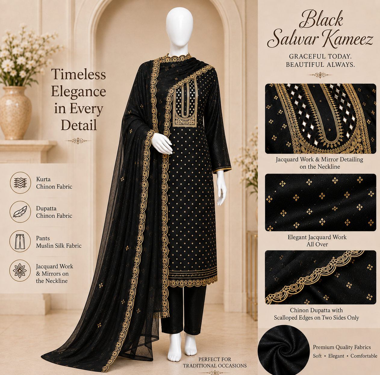 Women's black shimmer silk kurta set with jacquard work (M to 2XL)