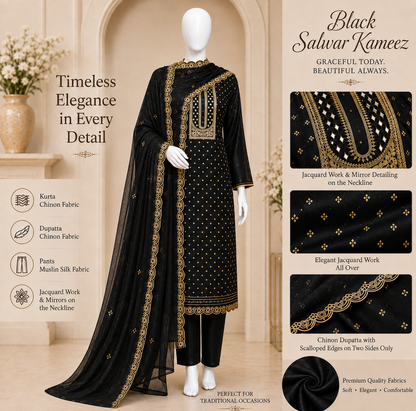 Women's black shimmer silk kurta set with jacquard work (M to 2XL)