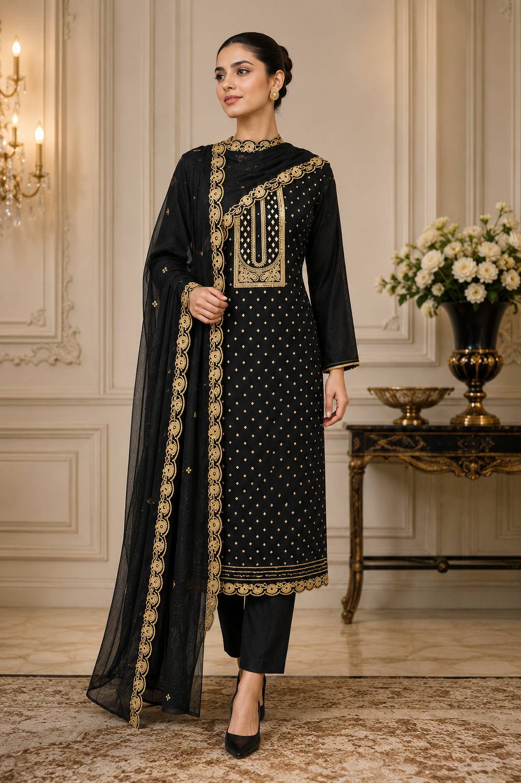 Women's black shimmer silk kurta set with jacquard work (M to 2XL)