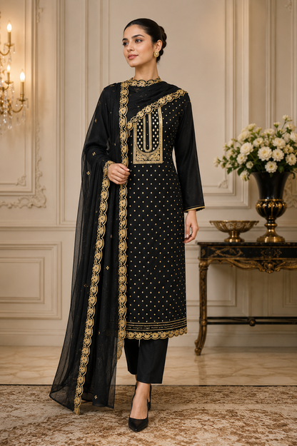 Women's black shimmer silk kurta set with jacquard work (M to 2XL)