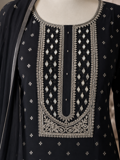 Women's black shimmer silk kurta set with jacquard work (M to 2XL)