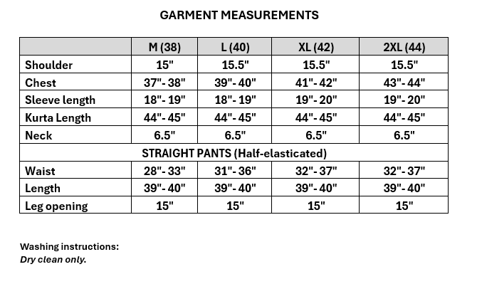 Size guide for Women's black shimmer silk kurta set with jacquard work (M to 2XL)