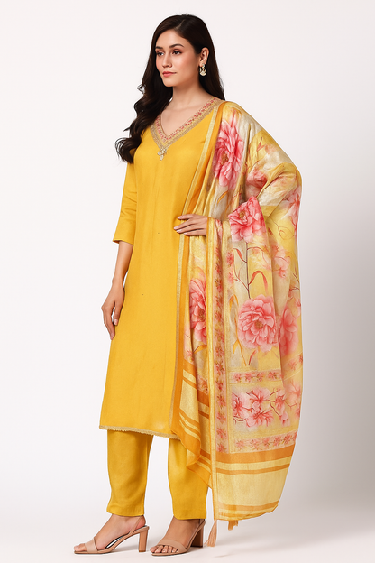 Women’s yellow silk kurta set with gaji silk dupatta & lagdi border in L