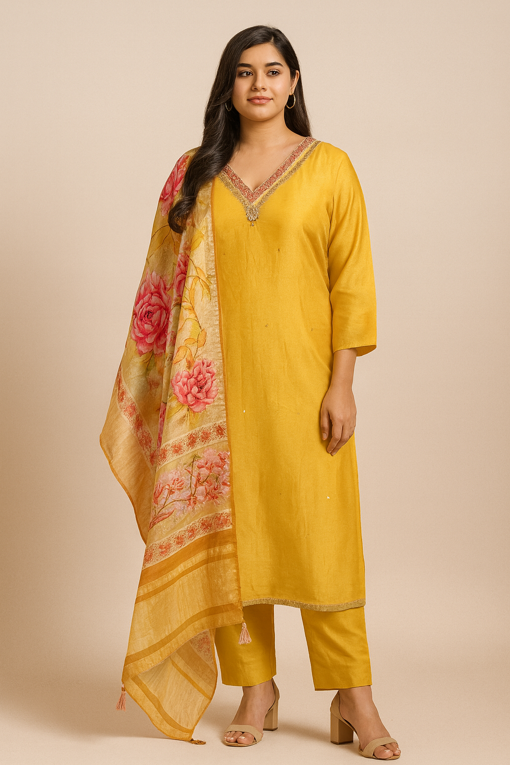 Women’s yellow silk kurta set with gaji silk dupatta & lagdi border in L