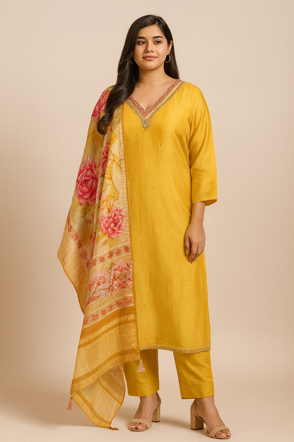 Women’s yellow silk kurta set with gaji silk dupatta & lagdi border in L