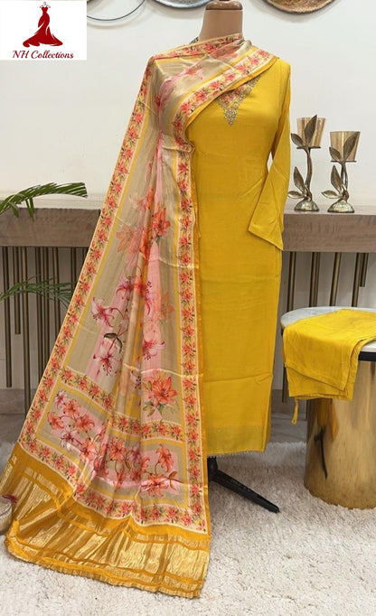 Women’s yellow silk kurta set with gaji silk dupatta & lagdi border in L