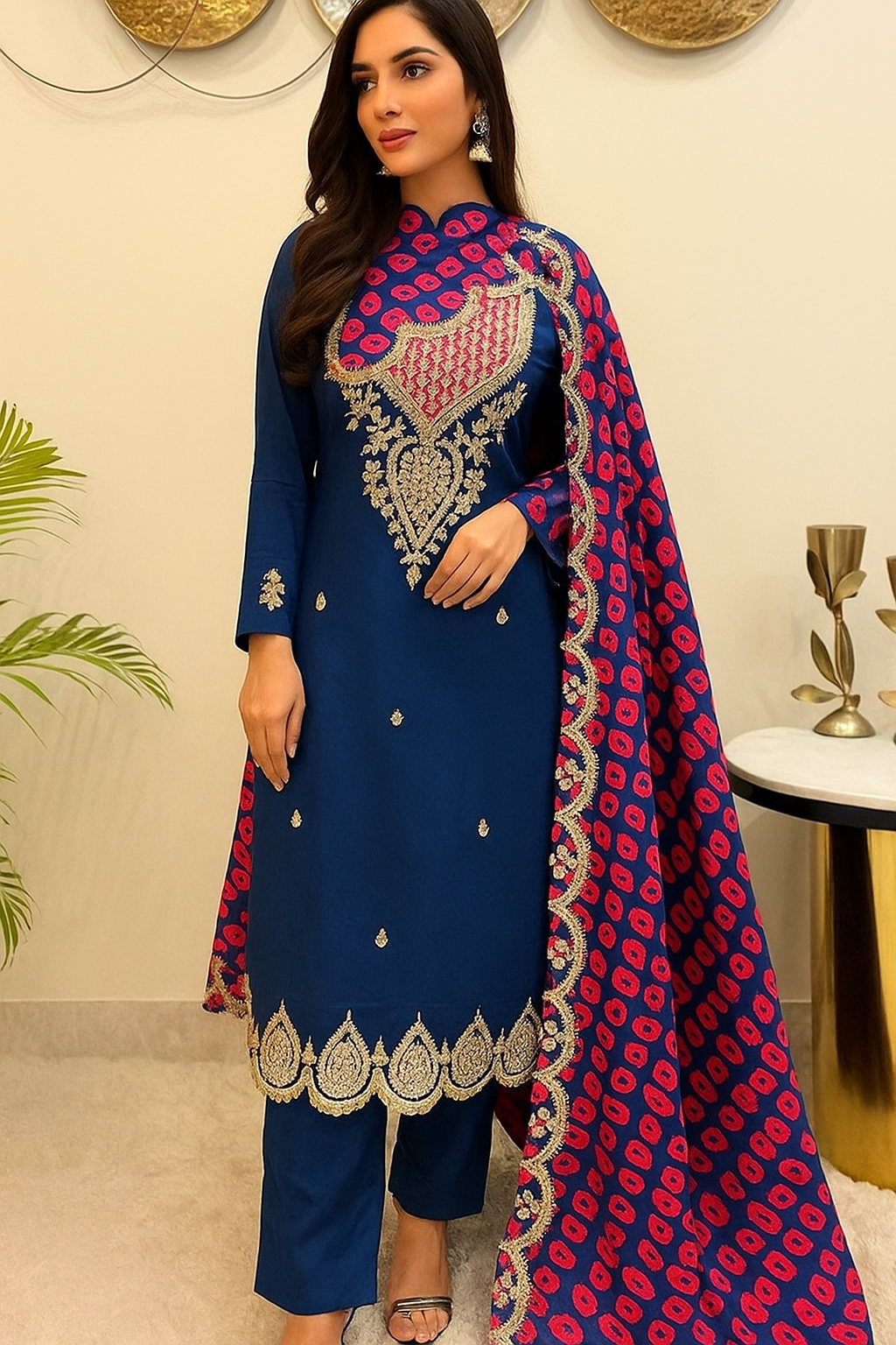 Women’s royal blue silk kurta set with crepe dupatta in XL
