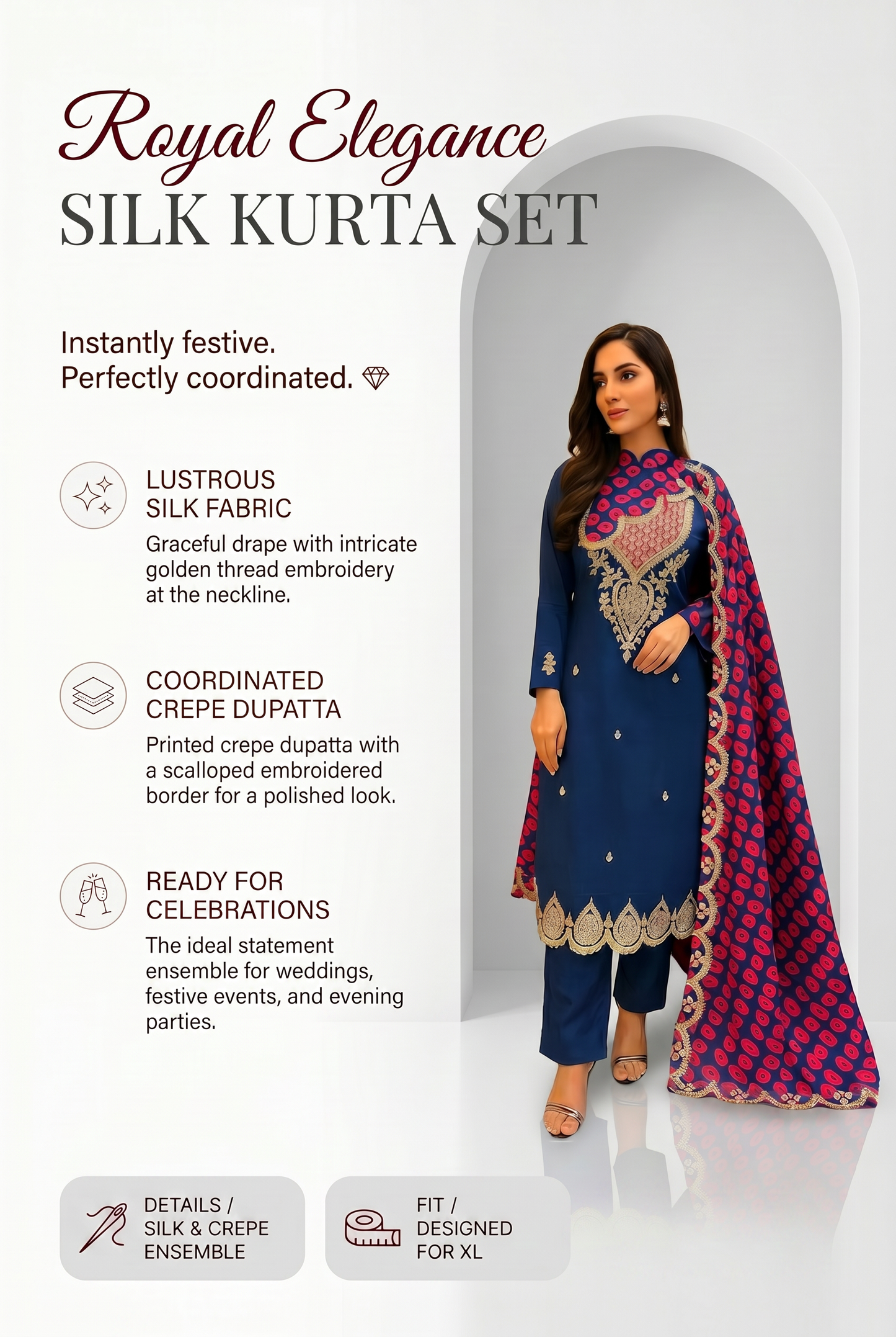 Women’s royal blue silk kurta set with crepe dupatta in XL