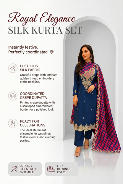 Women’s royal blue silk kurta set with crepe dupatta in XL