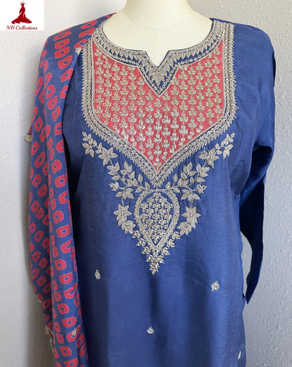 Women’s royal blue silk kurta set with crepe dupatta in XL