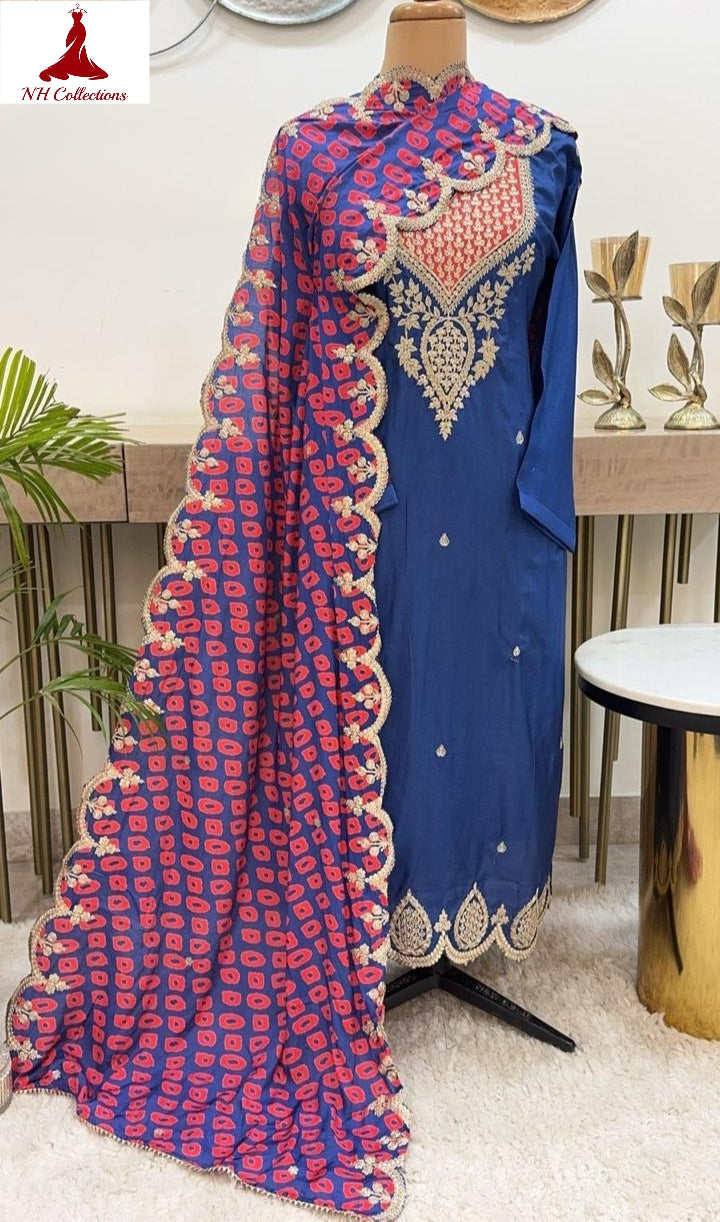 Women’s royal blue silk kurta set with crepe dupatta in XL