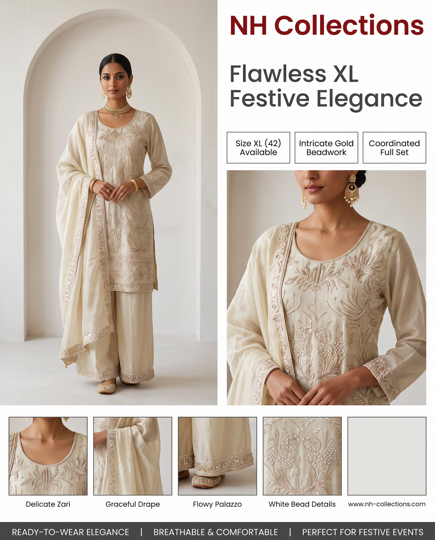 Women's ivory embroidered bead work kurta with pallazo in XL